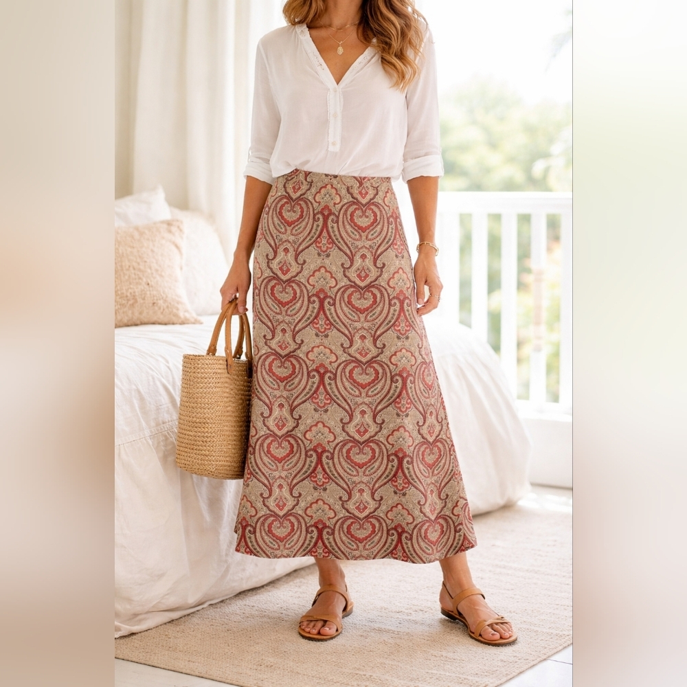 Jones New York Country Silk Blend Paisley Maxi Skirt 16P Lined Red Tan Vintage